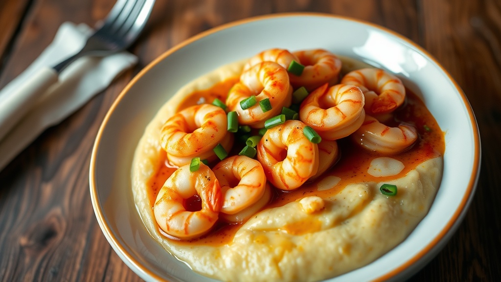 Savory Southern Shrimp and Grits Recipe A bowl of Shrimp and Grits topped with shrimp and green onions, served on a wooden table with a fork.